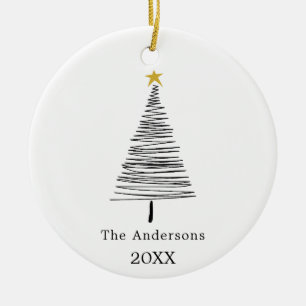 Zwart wit met de hand getekende kerstboom familien keramisch ornament