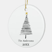 Zwart wit met de hand getekende kerstboom familien keramisch ornament (Links)