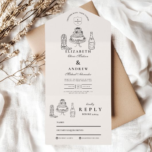 Zwart Wit met de Hand Getekende Westerse Doodle Br All In One Uitnodiging