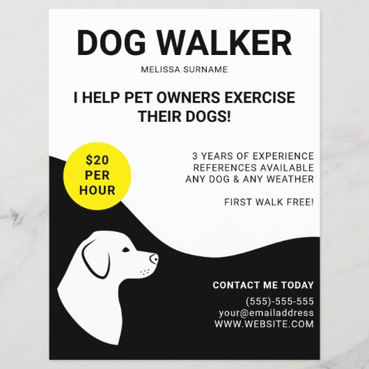 Zwart & Wit Met Geel Hond Design - Hondenuitlater Flyer (Voorkant)