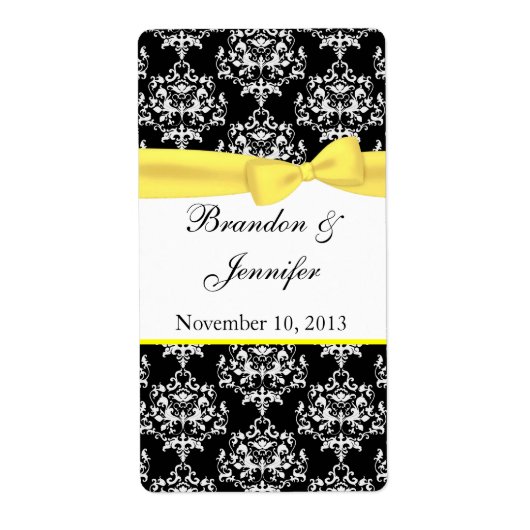 Zwart & Wit met gele Damask Mini Wijn Labels (Voorkant)