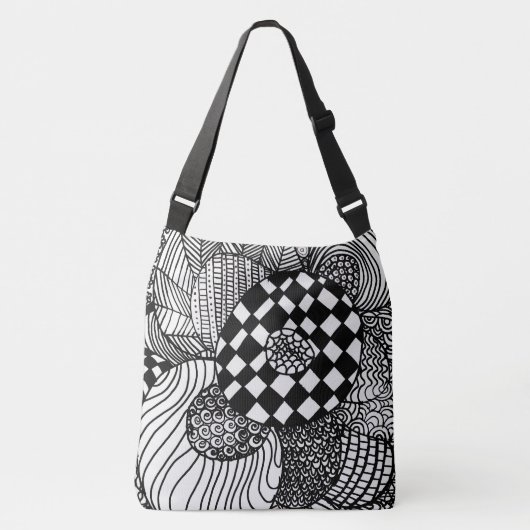 Zwart-wit met handtekening Zen Doodle Drawing Crossbody Tas (Voorkant)