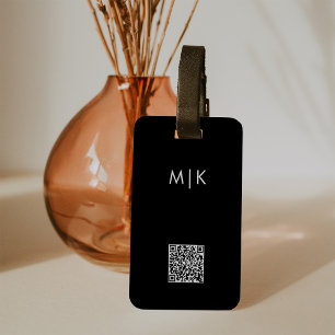 Zwart-wit met QR-code   Modern Monogram Bagagelabel