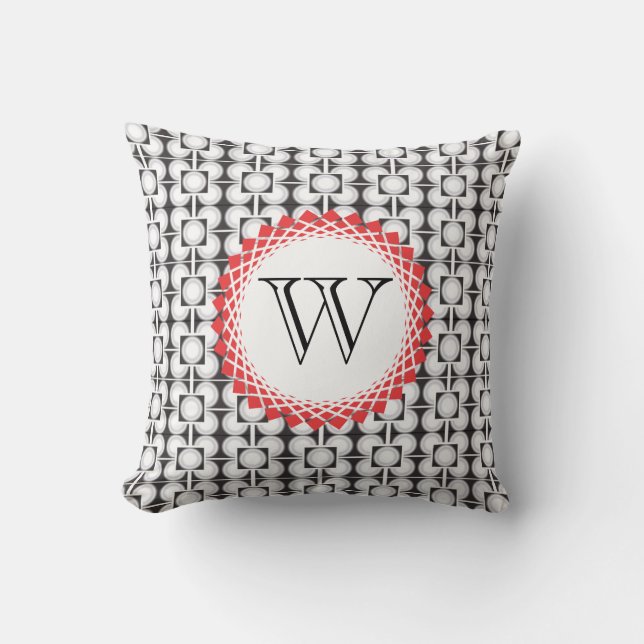 Zwart-wit met rode cirkel en monogram kussen (Voorkant)