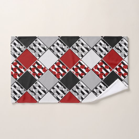 Zwart wit met rode retro patchwork bad handdoek (Handdoek)