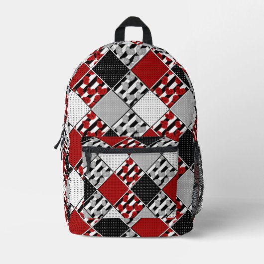 Zwart wit met rode retro patchwork bedrukte rugzak (Voorkant)