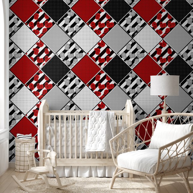 Zwart wit met rode retro patchwork behang (Kinderen)