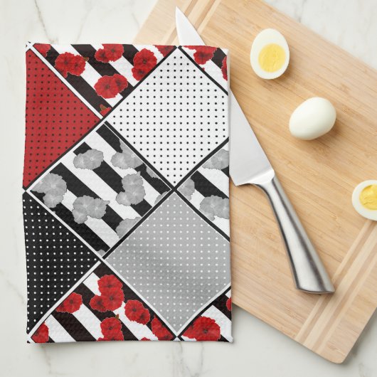 Zwart wit met rode retro patchwork theedoek (Quarter Fold)