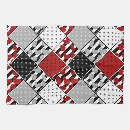Zwart wit met rode retro patchwork theedoek (Horizontaal)