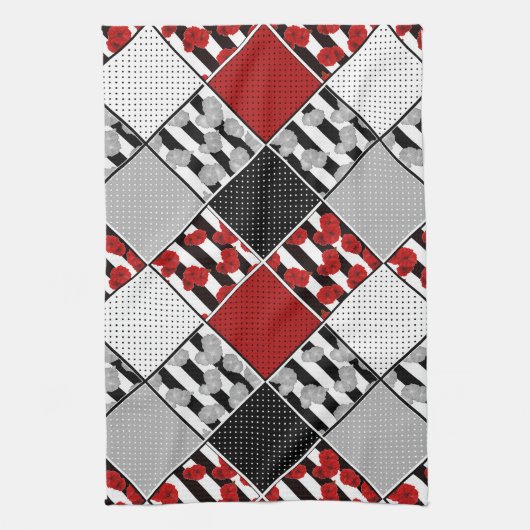 Zwart wit met rode retro patchwork theedoek (Verticaal)