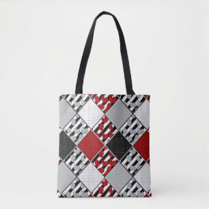 Zwart wit met rode retro patchwork tote bag