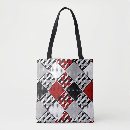 Zwart wit met rode retro patchwork tote bag (Voorkant)