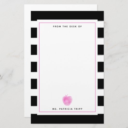 Zwart + wit met roze appel leraar briefpapier (Voorkant / Achterkant)