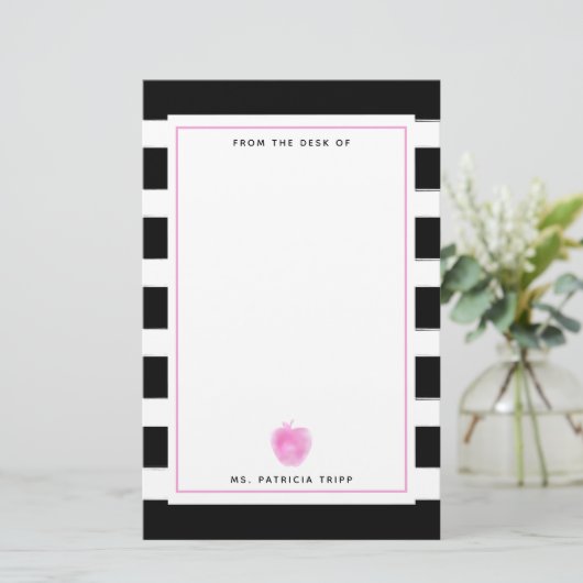Zwart + wit met roze appel leraar briefpapier (Staand voorkant)