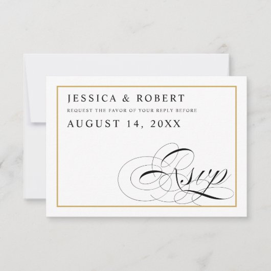 Zwart & Wit met Solid Gold Bruiloft RSVP Kaartje (Voorkant)