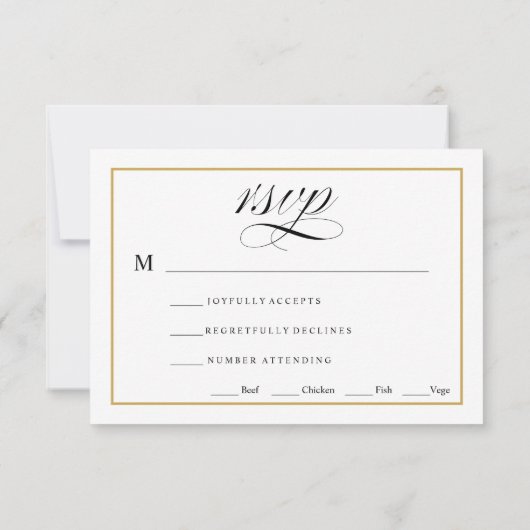 Zwart & Wit met Solid Gold Bruiloft RSVP Kaartje (Achterkant)