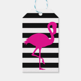 Zwart-wit met streping roze flamingo cadeaulabel