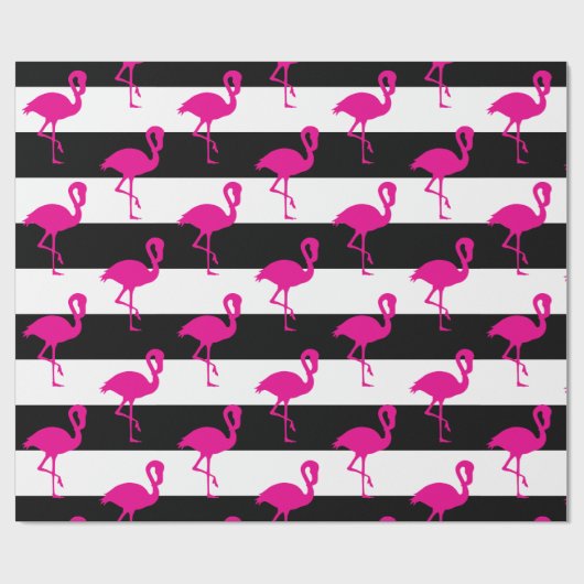 Zwart-wit met streping roze flamingo cadeaupapier (Vlak)
