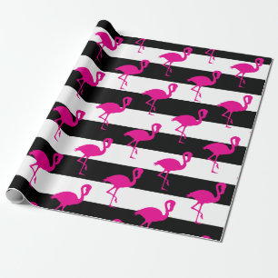 Zwart-wit met streping roze flamingo cadeaupapier