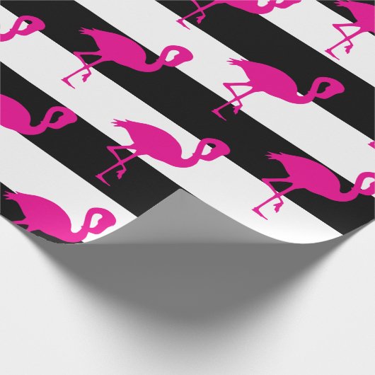 Zwart-wit met streping roze flamingo cadeaupapier (Hoek)