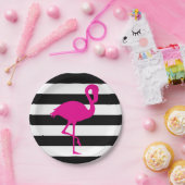 Zwart-wit met streping roze flamingo papieren bordje (Feest)