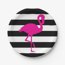Zwart-wit met streping roze flamingo papieren bordje