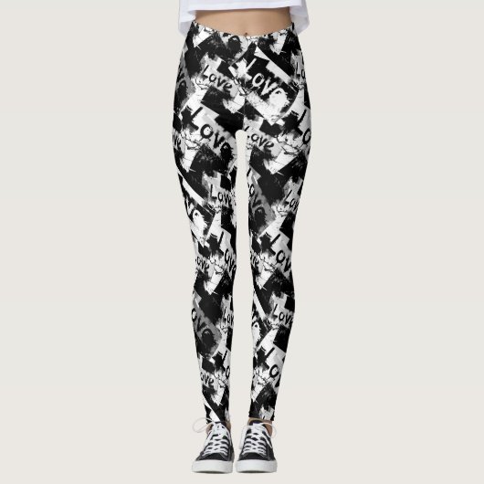 Zwart-wit met vlekken patroon van liefde leggings (Voorkant)