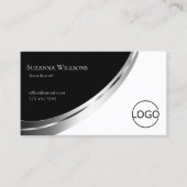 Zwart-wit met zilver decor en Logo modern Visitekaartje (Voorkant)