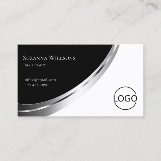 Zwart-wit met zilver decor en Logo modern Visitekaartje (Voorkant)