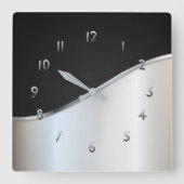 Zwart-wit metalen contrast eenvoudig glanzend zilv vierkante klok (Voorkant)