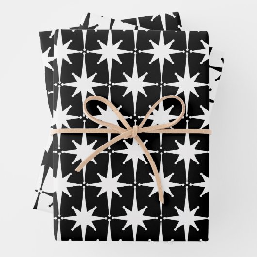 Zwart & Wit Mideeuw Moderne Retro Starbursts Inpakpapier Vel (In situ)