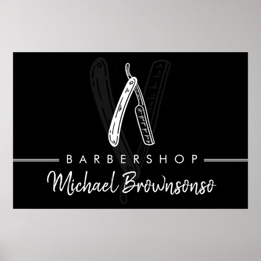Zwart Wit Minimaal Logo Merken Scheermes Kapsalon Poster (Voorkant)