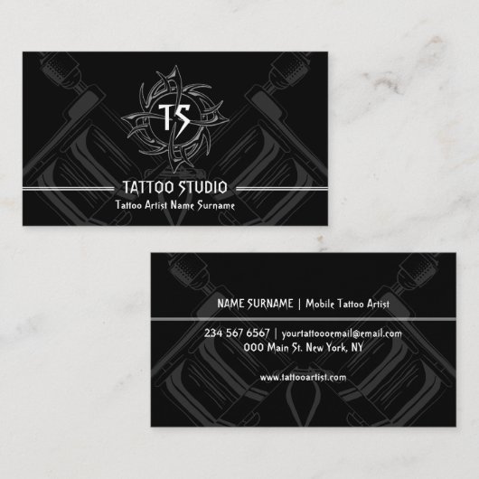 Zwart Wit Minimal Modern Tattoo Studio Visitekaartje (Voorkant / Achterkant)