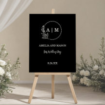 Zwart-wit Minimale Bloemen Monogram Huwelijk