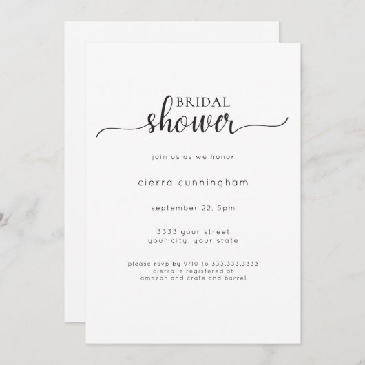 Zwart-wit minimale douche uitnodiging (Voorkant / Achterkant)