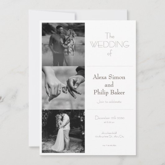 Zwart & Wit Minimale Fotocollage Bruiloft Kaart (Voorkant)