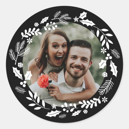 Zwart wit minimale krans foto ronde sticker (Voorkant)