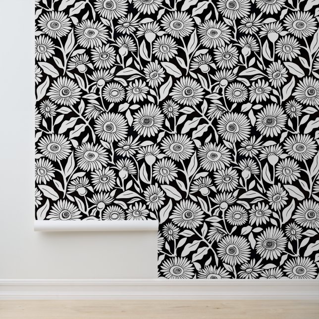 Zwart-wit Minimale Zonnebloem Behang (Applicatie)
