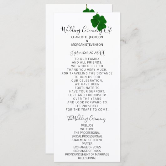 Zwart wit minimalisme vierbladige klaver programmakaart (Voorkant / Achterkant)