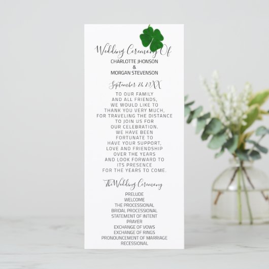 Zwart wit minimalisme vierbladige klaver programmakaart (Staand voorkant)