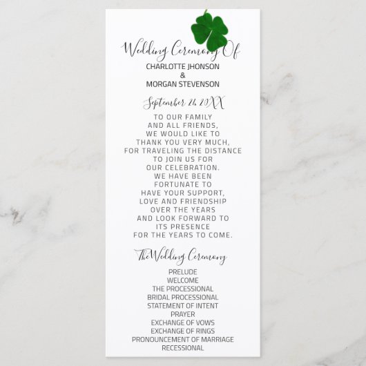 Zwart wit minimalisme vierbladige klaver programmakaart (Voorkant)