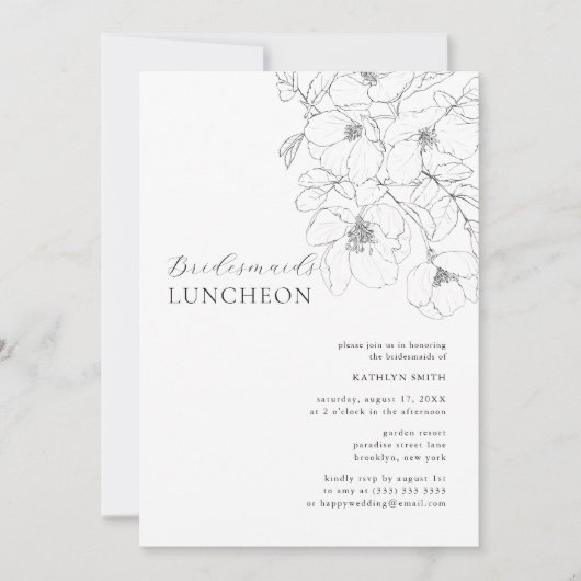 Zwart Wit Minimalist Bloemen Bruidsmeisjes Luncheo Kaart (Voorkant)