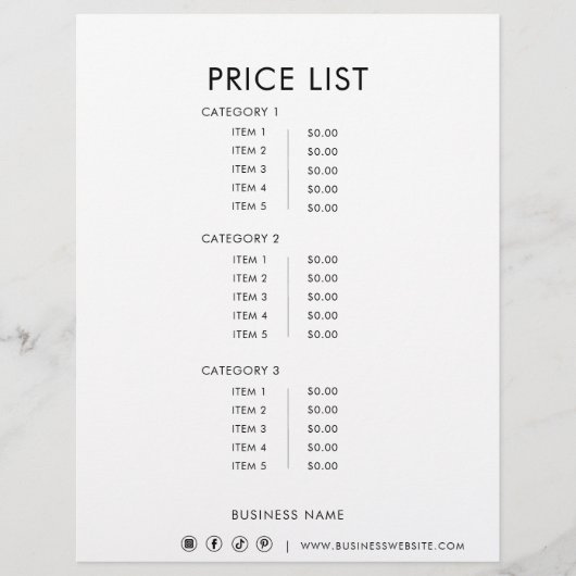 Zwart Wit Minimalist Formele Eenvoudige Prijslijst (Voorkant)