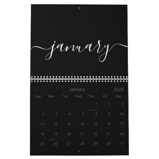 Zwart-wit minimalistisch 2025 kalender (Jan 2026)