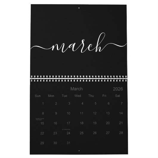 Zwart-wit minimalistisch 2025 kalender (Mar 2026)