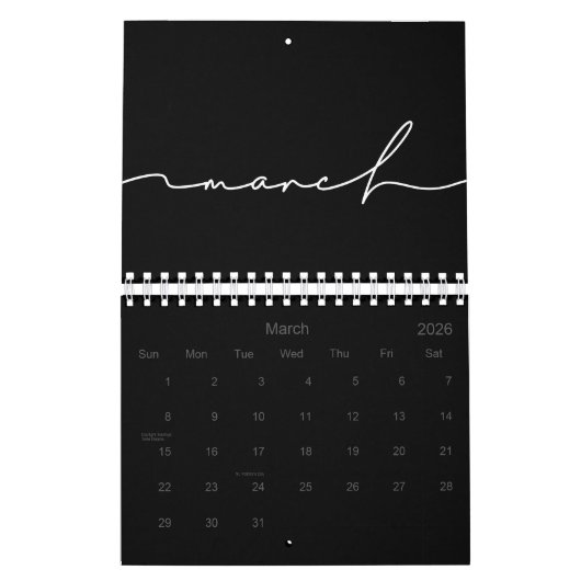 Zwart-wit minimalistisch 2026 kalender (Mar 2026)