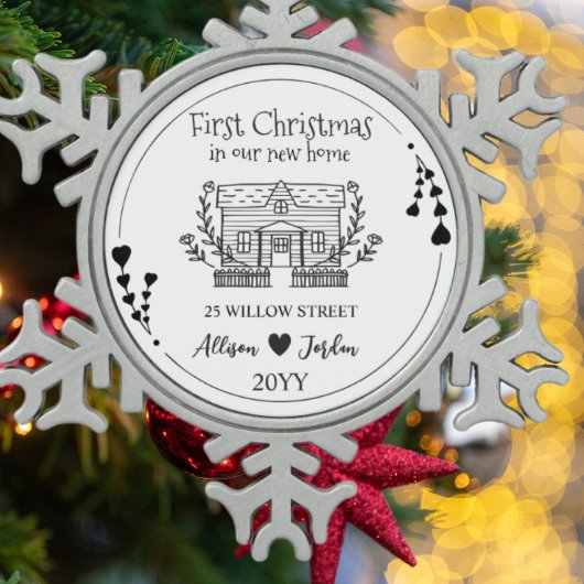 Zwart-wit, minimalistisch aangepast nieuw startpun tin sneeuwvlok ornament