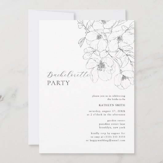 Zwart Wit Minimalistisch Bloemen Bachelorette Part Kaart (Voorkant)