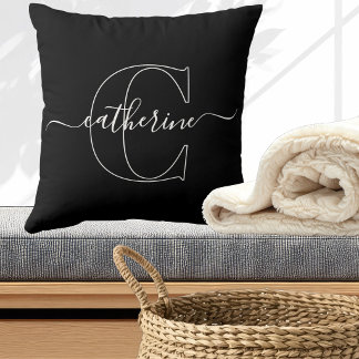 Zwart Wit Minimalistisch Elegant Schrift Monogram Kussen