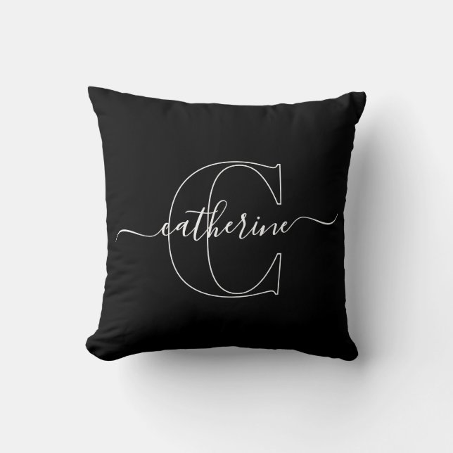 Zwart Wit Minimalistisch Elegant Schrift Monogram Kussen (Voorkant)